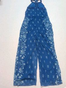 blue sleeveless halterneck jumpsuit
