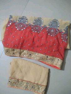 Beautiful Coral Pink &amp; Cream Georgette Saree with