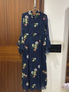 Elegant Navy Blue Floral Maxi Dress with Bell Slee