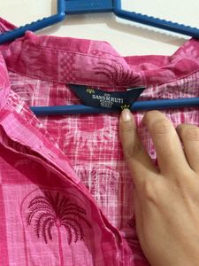 Pink Palm Tree Print Button-Up Shirt