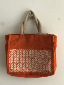 Orange Jute Tote Bag with Leaf Print