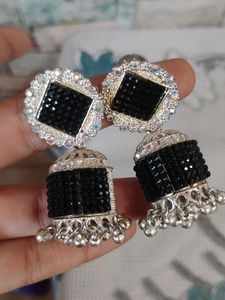 Elegant Black Jhumka Earrings and yellow