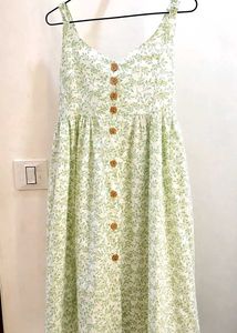 Green Leaf Print Button-Up Midi Dress