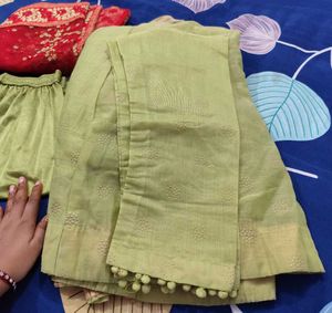 Elegant Lime Green Kurta Set with Red Dupatta