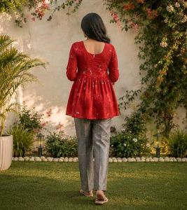 Red Printed Peplum Kurta _M