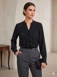 Elegant Black Ruffle Neck Blouse
