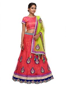Pink and lime green heavy lengha embroidery net le