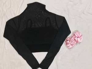 Black Mesh Mock Neck Top