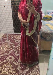 Elegant maroon  Saree with cream blouse