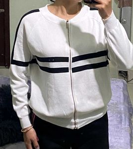 White &amp; Black Striped Zip-Up Sweater