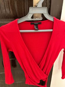 Forever21 Red Wrap Long Sleeve Crop Top