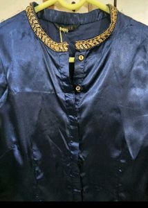 Fusion Party Navy Satin Embroidered Shirt