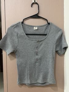 Grey Ribbed Henley Crop Top