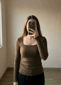 Brown Ribbed Square Neck Long Sleeve Top