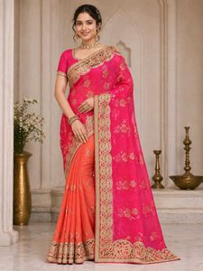 Pink & Orange Embroidered Saree with peti