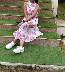 Floral Halter Pleated Midi Dress