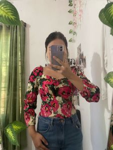 H&M Floral Print Puff Sleeve Top