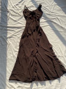 Brown legslit Ruffle Maxi Dress