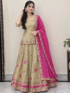 Stunning Golden Lehenga Choli with Pink Dupatta