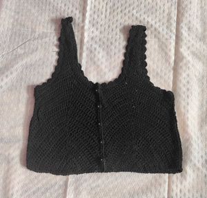 Black Crochet Button-Up Vest Top