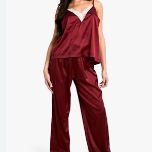 Maroon Satin Lace Pajama Set