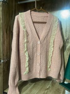 Pink Knit Cardigan with Lace Detail