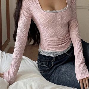 Pink Textured Long Sleeve Top with Lace Trim