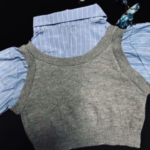 Striped Shirt with Knit Vest