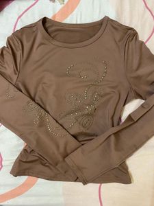 Brown Long Sleeve Top with Embellishments