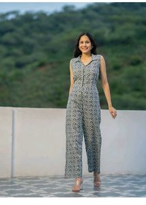Grey Cotton Floral Printed Jumpsuit