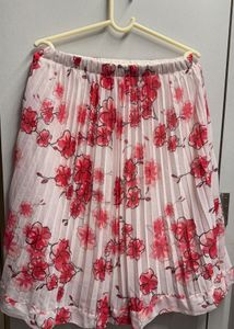 White and Pink pleated Floral Midi Skirt