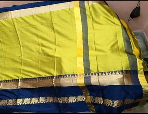 NewVibrant Yellow&amp;Blue ZariBorder CottonSilk Sare