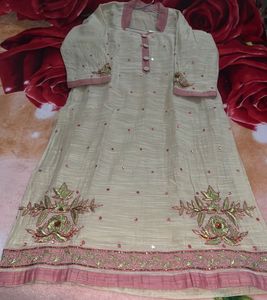 Elegant Cream Kurti with Pink Embroidery