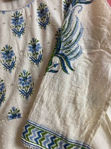 Elegant Cream Kurta with Blue Floral Embroidery