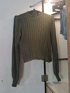 Olive Green Ribbed Puff Sleeve Top