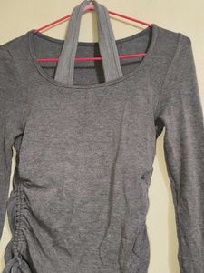 Gray Ruched Drawstring Long Sleeve Top