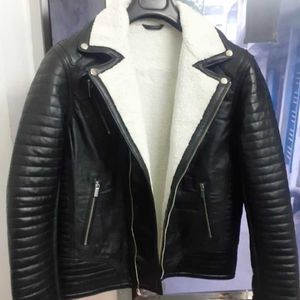 Shearling Collar Leather Moto Jacket