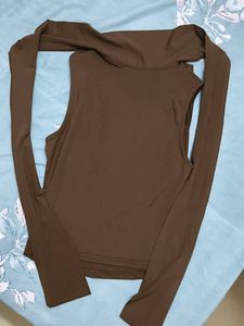 Chic Brown Ribbon Cowl Neck Top