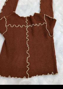 Brown Ribbed Lettuce Hem Pullover top