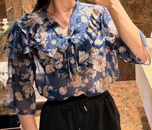 Blue Floral Ruffle Blouse