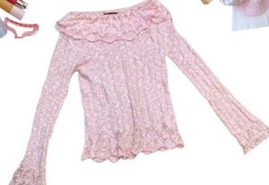 Pink Bell Sleeve Lace Trim Top
