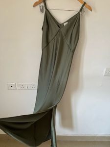 V-Neck Satin Slip Midi Dress in Olive Green