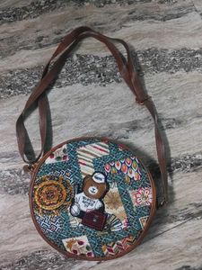 Round Boho Sling Bag with Teddy Bear Patch