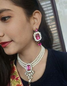 Elegant Pearl &amp; Blue Stone Necklace Set