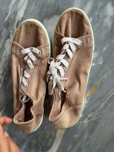 Tan Canvas Lace-Up Sneakers