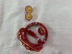 Red &amp; Golden Bangles, Ring &amp; Earrings Set