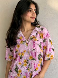 Pink Floral Short Sleeve Button-Up Shirt