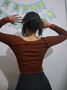 Brown Lace Trim Long Sleeve Top