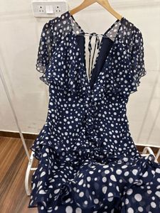 Navy Blue Polka Dot Ruffle detailing Maxi Dress