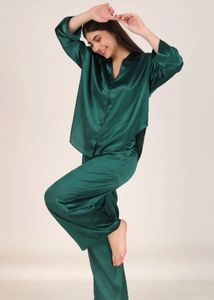 Solid Green Oversized Satin PJ Set